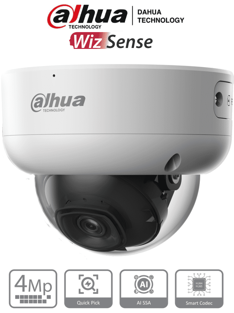 DAHUA--DAHUA IPC-HDBW3441E-AS-S2 - Camara IP Domo Antivandalica de 4 Megapixeles con IA/ WizSense/ Lente de 2.8 mm/ 107 Grados de Apertura/ IR de 50 Metros/ SMD 4.0/ AI SSA/ 1 E&S de Alarma y Audio/ Ranura para MicroSD/ IP67/ IK10/ PoE/-