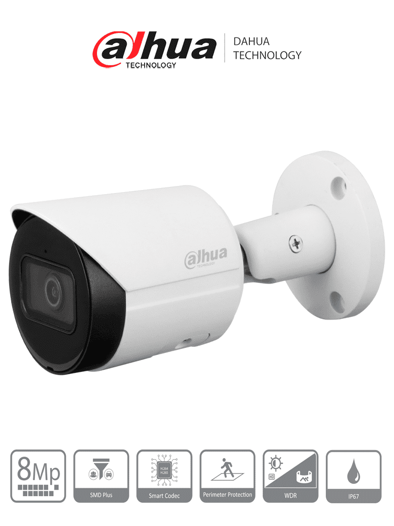 DAHUA--DAHUA DH-IPC-HFW2841S-S - Cámara IP Bullet 4k/ 8 Megapíxeles/ Lente de 2.8 mm/ 105 Grados de Apertura/ H.265+/ IR de 30 Mts/ Metálica/ WDR Real de 120 dB/ IP67/ Video analíticos con IVS/ Ranura para MicroSD/ PoE-