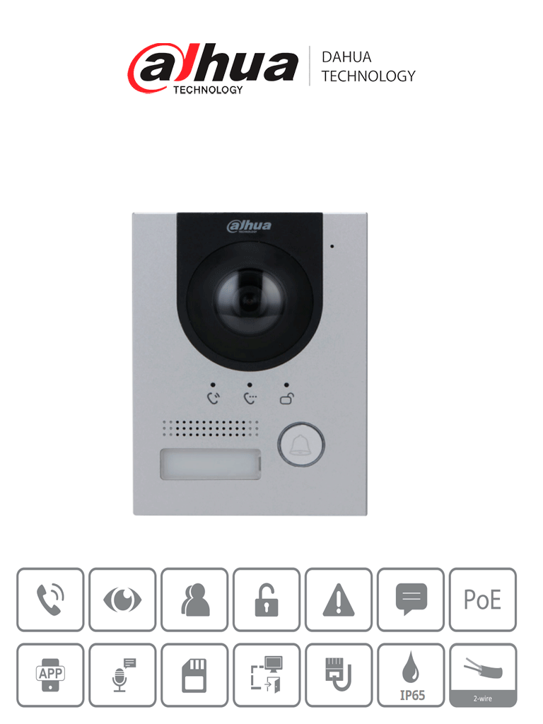 DAHUA--DAHUA VTO2202F-P-S2 - Frente de calle para videoportero IP/ Metálico/ Cámara de 2 MP con 160° de apertura/ IK07/ Exterior IP65/ Visión nocturna/ PoE/ Indicador de voz/ Apertura de chapa/ Solo alimentación PoE/-