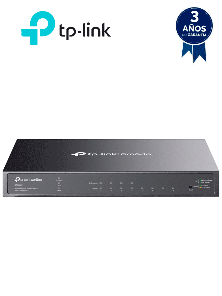 TP-LINK--TP-LINK SG2008P - Switch administrable JetStream SDN PoE con 8 puertos 10/100/1000 Mbps, incluyendo 4 puertos PoE con un presupuesto total de 62W. Ofrece administración centralizada a través de OMADA SDN.-