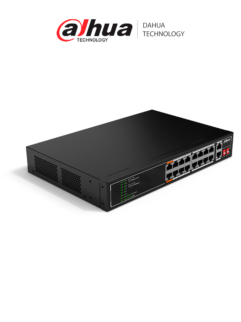 DAHUA--DAHUA SF1018LP - Switch PoE de 18 Puertos/ 135 Watts Totales/ 16 Puertos PoE 10/100/ 2 Puertos Uplink 10/100/1000/ Switching 7.2 Gbps/ Compatible con Standares:IEEE802.3af; IEEE802.3at; Hi-PoE/ PoE Hasta 250 Metros/-