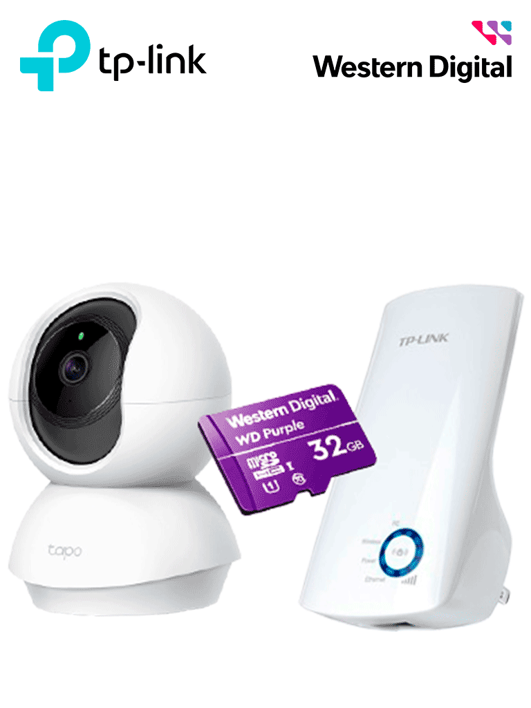 TP-LINK--Paquete TAPO C200 + Memoria SD + Repetidor Universal-Conectividad sin limites, el paquete incluye: camara TAPO C200, memoria SD Western Digital Purple de 32GB, Repetidor TL-WA850RE, Ideal para conectar una camara por WIFI y ver en APP TAPO-