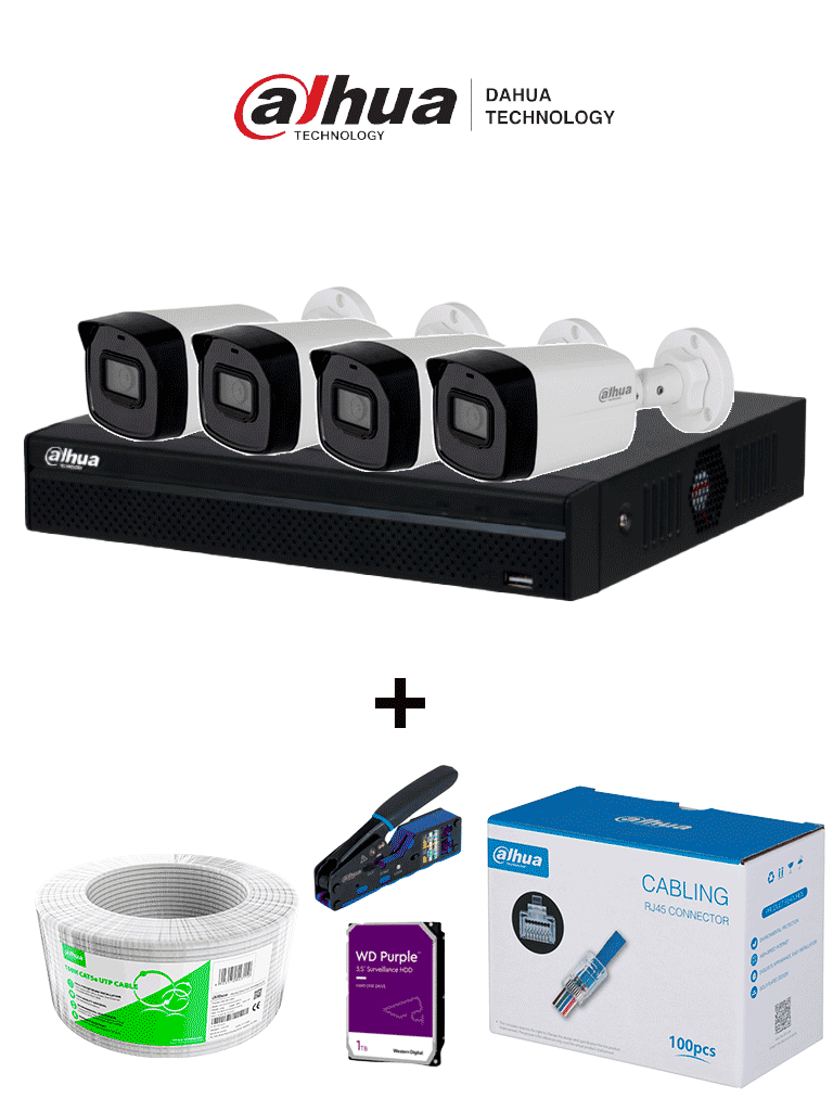 DAHUA--Bundle NVR+4BulletIP - Compra 1 NVR NVR1104HS-P-S3 de 4 Canales/ 4 cámaras IPC-B1E20 / Bobina de 100m/ Caja con 100 plugs/ Pinza de corte rj45/ Disco Duro 1TB/-