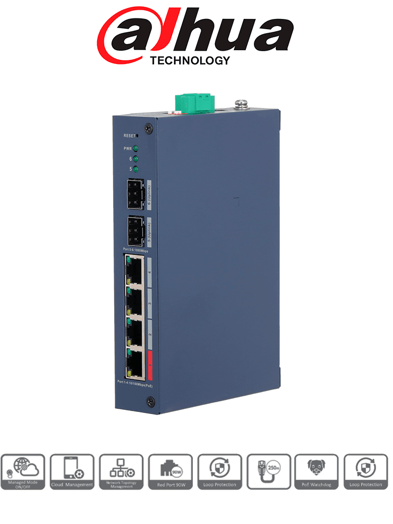 DAHUA--DAHUA DH-CHS4206-4ET-90 - Switch PoE de 6 Puertos Semi Industrial/ 4 Ptos Downlink PoE/ 2 Ptos Uplink SFP Gigabit/ Hasta 120W Totales/ 802.3AF & AT/ 1 Pto Hasta 90W/ Administrable Cloud Vía Dolink Care-