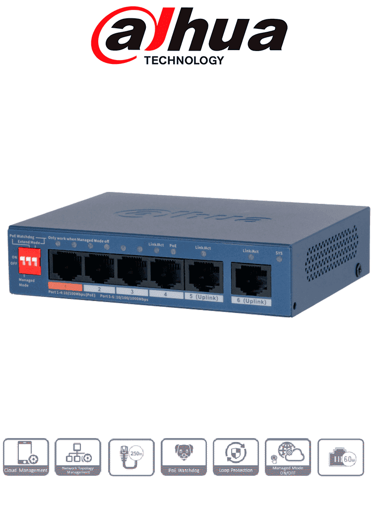 DAHUA--DAHUA DH-CS4006-4ET2GT-60 - Switch PoE de 6 Puertos Administrable/ 4 Puertos PoE Downlink 10 & 100/ 2 Puertos Uplink GE/ 60 Watts Totales/ Administrable en la Nube Dolink Care / PoE Hasta 250 Metros/ Carcasa Metalica/ Switching 4.8 Gbps/-