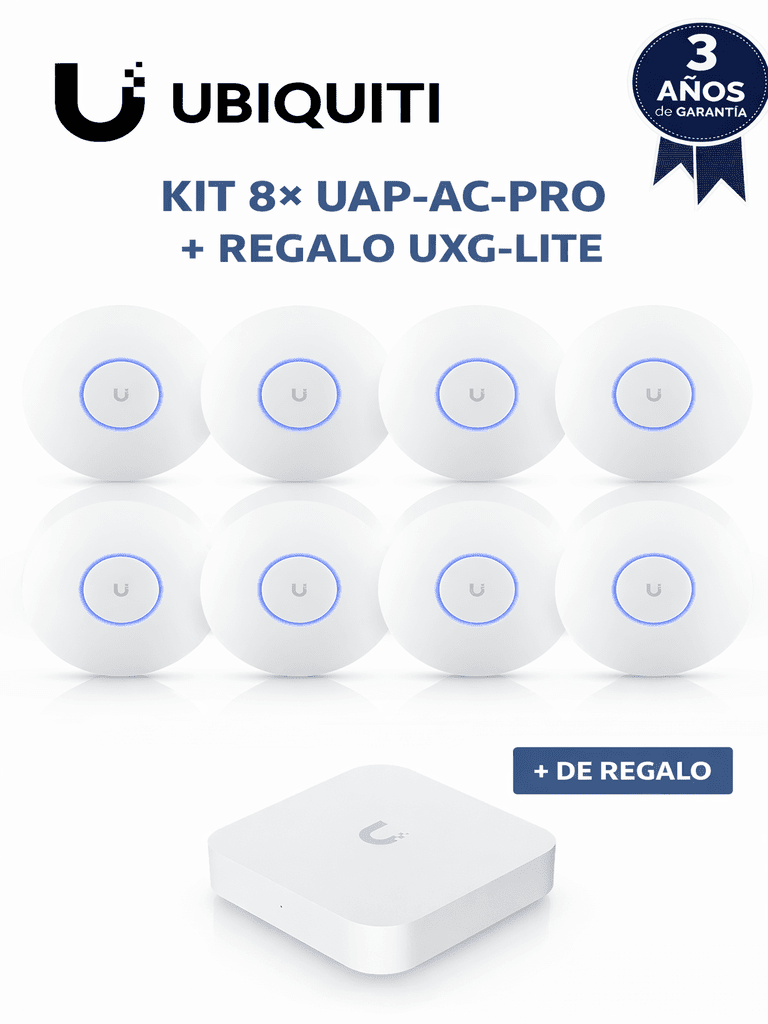 UniFi--UBIQUITI KIT 8× UAP-AC-PRO + REGALO UXG-LITE – Paquete de 8 puntos de acceso UAP-AC-PRO de doble banda con MU-MIMO y PoE para cobertura Wi-Fi de alta densidad. Incluye de regalo el UXG-Lite para seguridad, routing y gestión centralizada.-