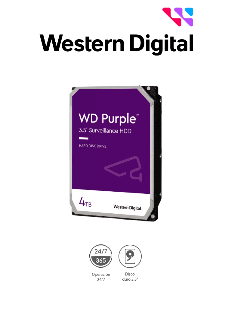 WESTERN DIGITAL--WESTERN DIGITAL WD44PURZ -  Disco Duro de 4TB Purple/ Especial para Videovigilancia/ Trabajo 24/7/ Interface: Sata 6 Gb/s/ Hasta 64 Cámaras/ Hasta 16 Bahías de Discos Duros/ 180Mb/S /3 Años de Garantía-