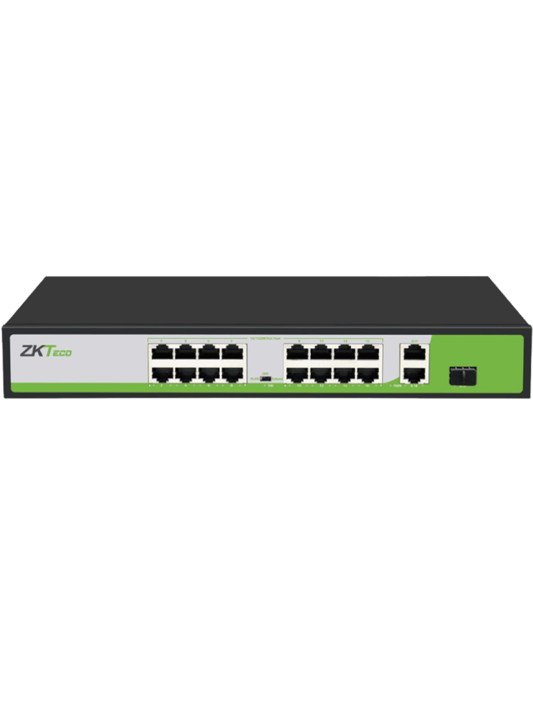 ZKTECO PE162200C - Switch de 16 Puertos Fast Ethernet PoE AF - AT / 2 Puertos RJ45 10/100/1000M + 1 Puerto SFP 1G / Soporta hasta 250 mts sobre UTP CAT 6 / Autoadaptación MDI - MDIX / Protección Contra Descargas