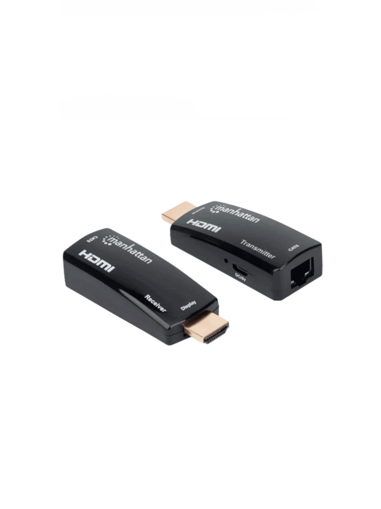 MANHATTAN 207539 - Kit Extensor compacto de HDMI sobre Ethernet 60m / Extiende las distancias de la señal de 1080p@60Hz hasta 60 m (196 pies) con un solo cable Ethernet Cat6, Transmisor y Receptor, Power over Cable, Diseño Ultra Delgado, Negro