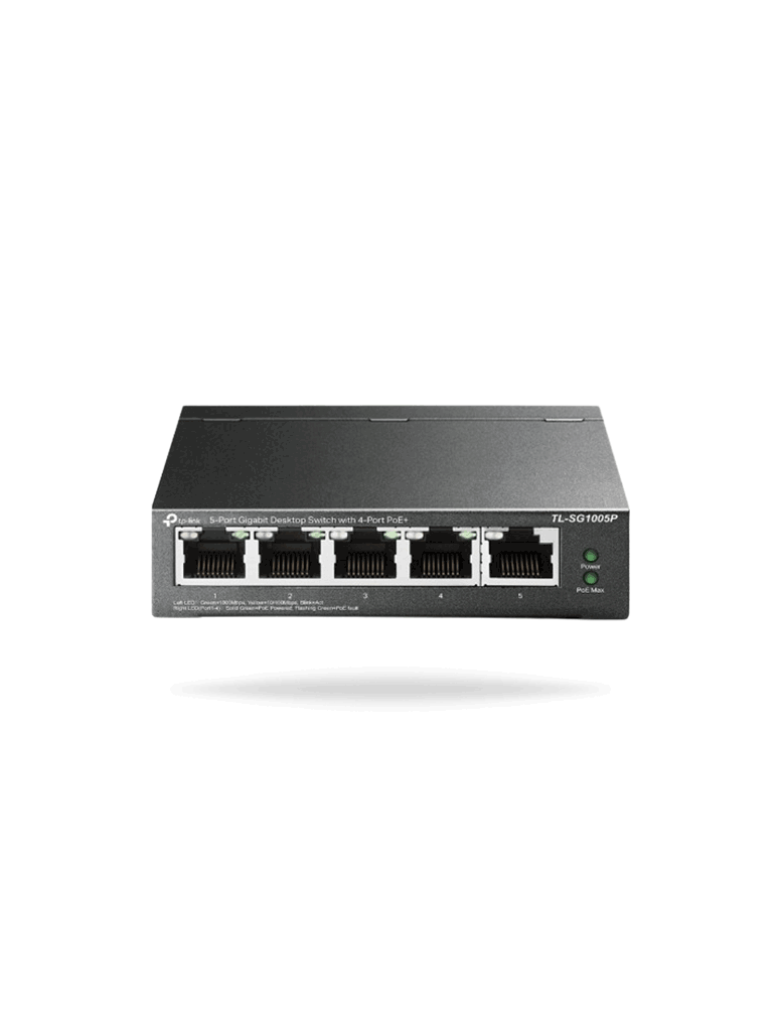 TP-LINK TL-SG1005P - Switch Escritorio No Administrable de 5 puertos 10/100/1000 Mbps , Con 4 puertos PoE 802.3af/at de hasta 65 W , PoE Extendido hasta 250 metros.